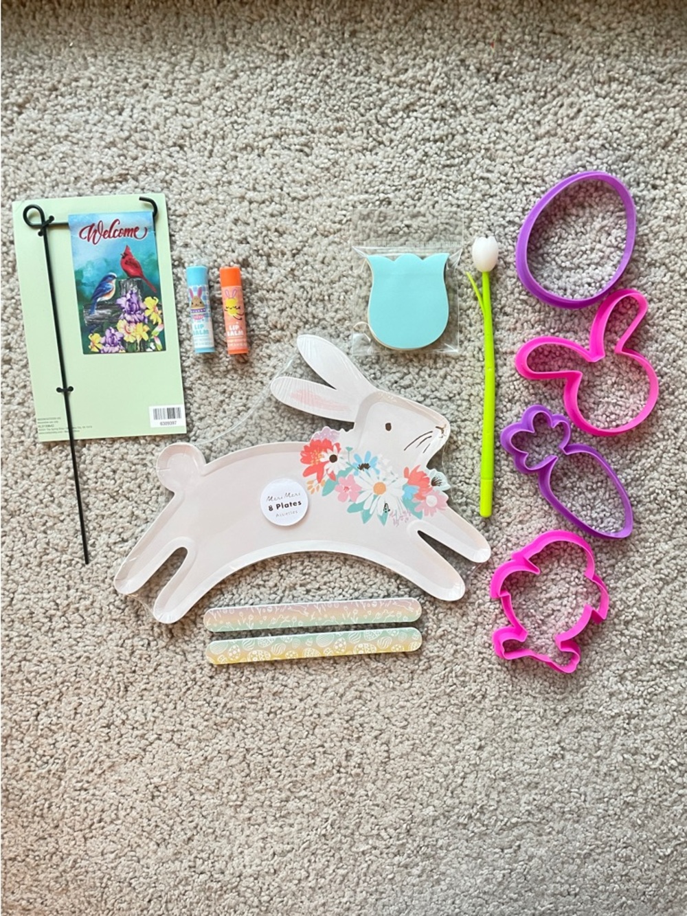 Easter Bundle: Bunny Plates, Garden Flag, Lip Balm, Nail File, Pen, Sticky Notes